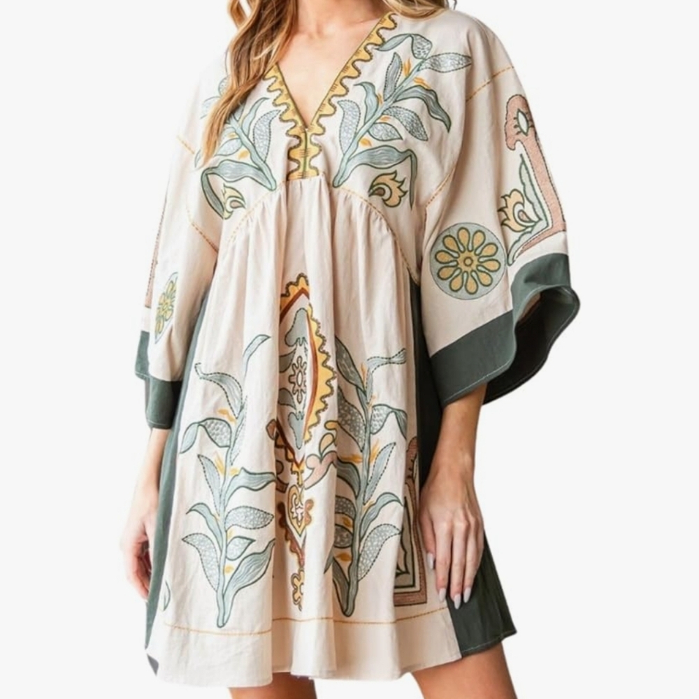 Embroidered V-Neck Boho Mini Dress in Cream and Olive